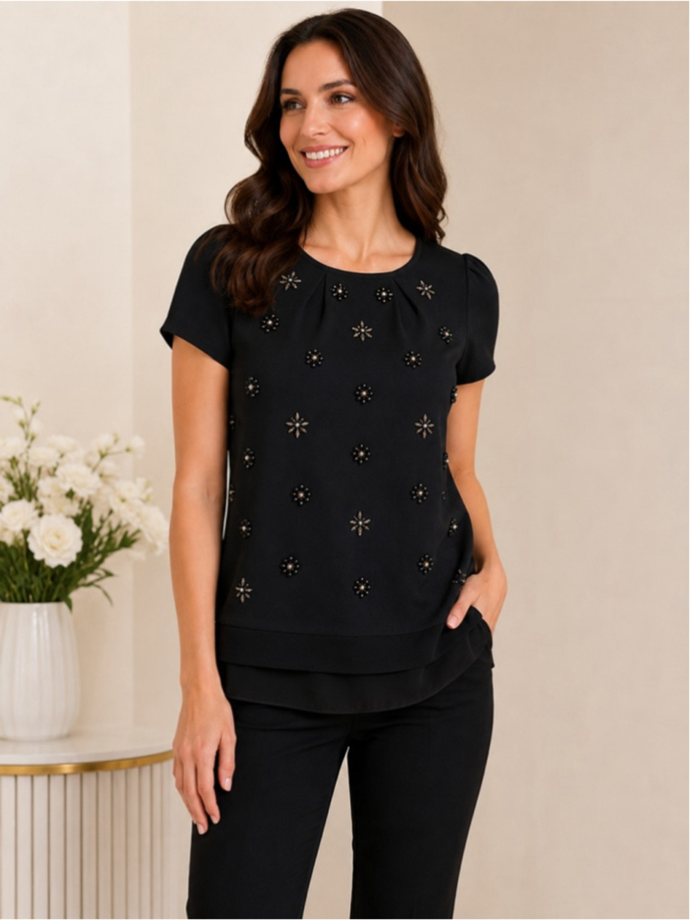 White House Black Market XS Black Embellished Beaded Rhinestone Top Chiffon Hem‎ - Picture 2 of 10